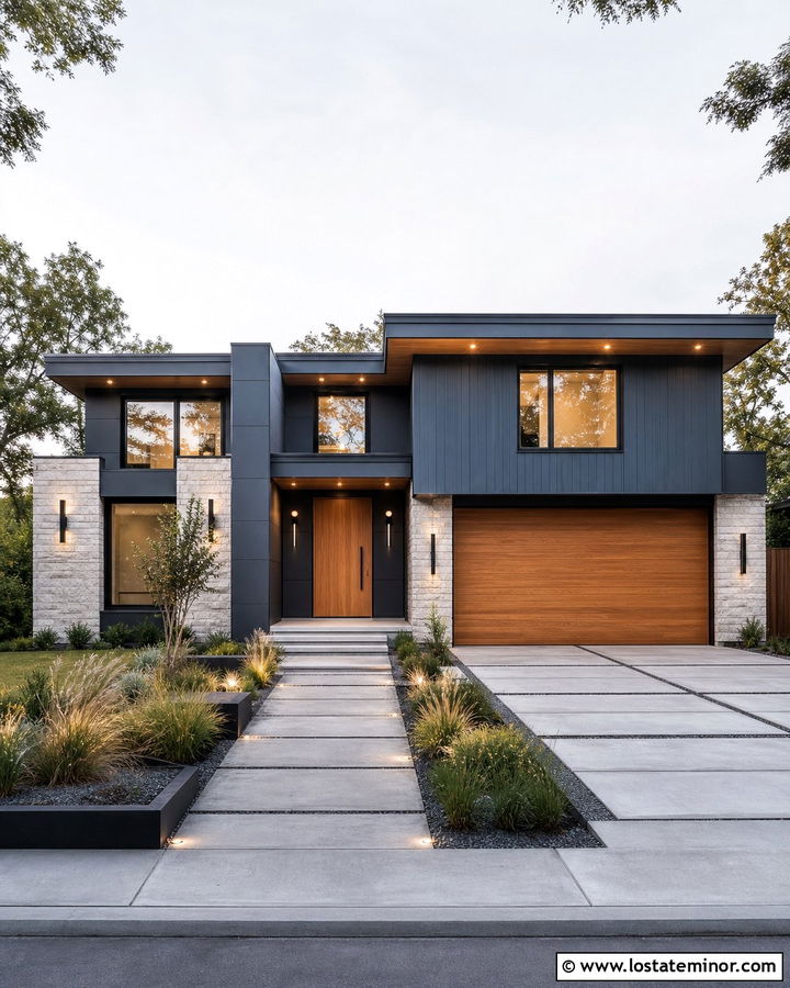 Slate Blue Contemporary House With Linear Lights - 30 Slate Blue House Design With Light Fixtures Ideas