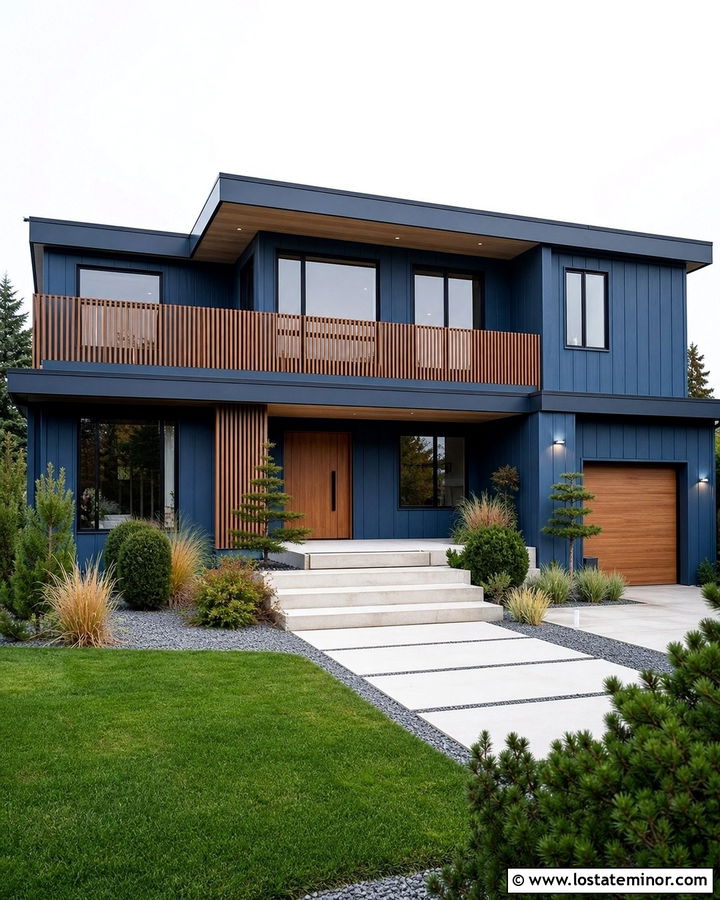 Slate Blue Contemporary House With Wood Slat Railings - 30 Slate Blue House Design With Railings Ideas