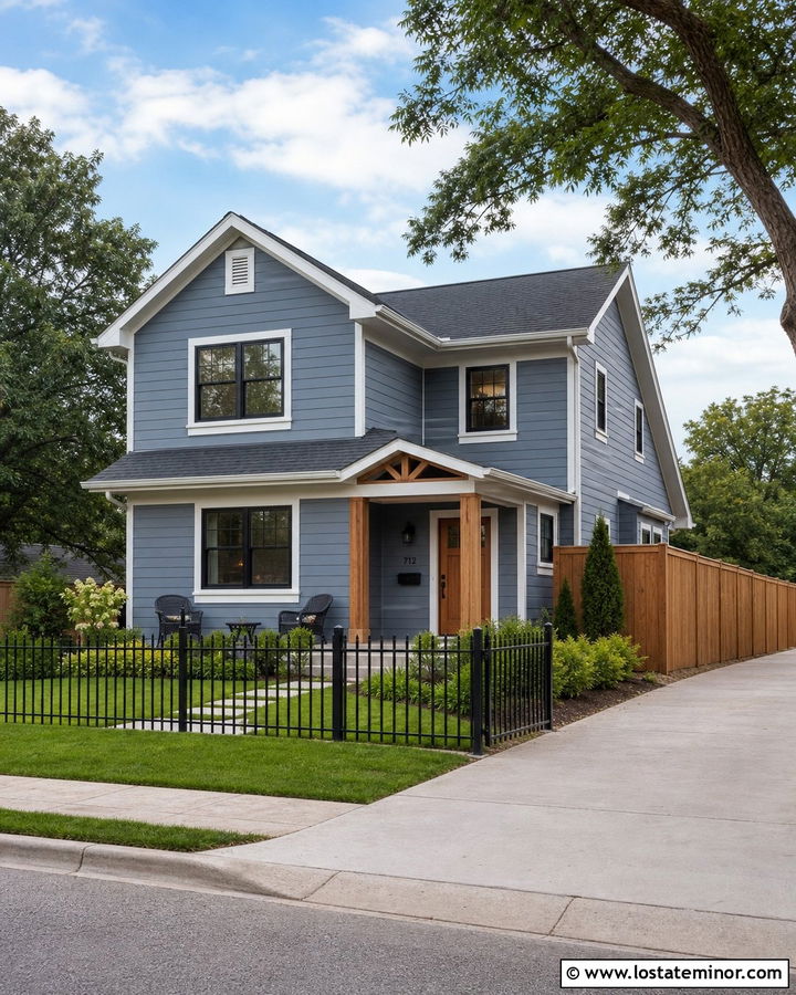 Slate Blue Corner House With Mixed Fence - 30 Slate Blue House Design With Fence Ideas