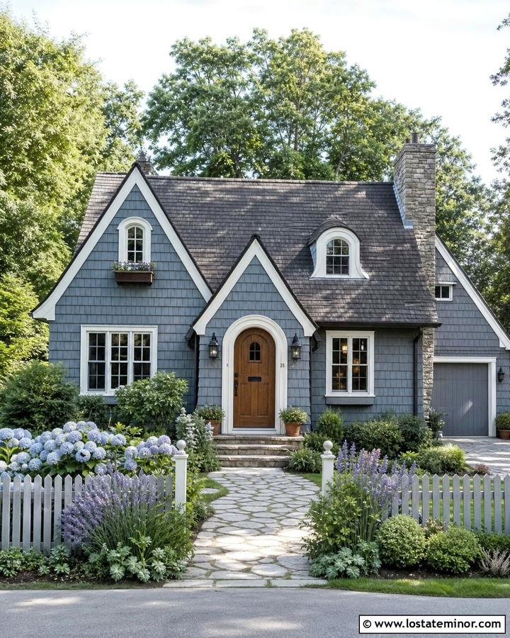 Slate Blue Cottage With Arched Door Lanterns - 30 Slate Blue House Design With Lighting Ideas