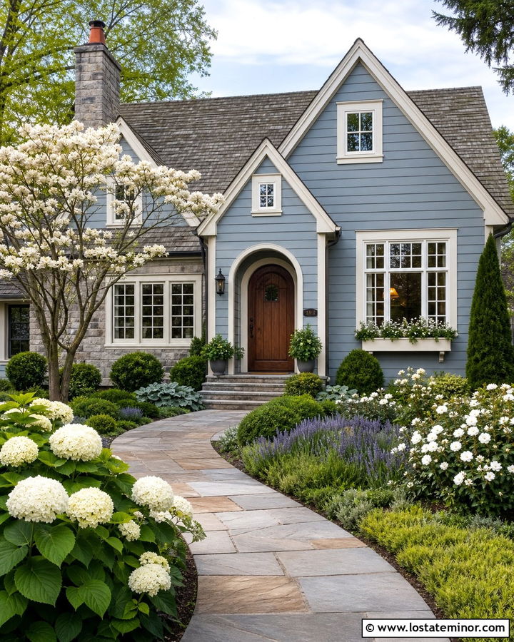 Slate Blue Cottage With Arched Wood Door And Curved Walkway - 30 Slate Blue House Design With Front Yard Ideas