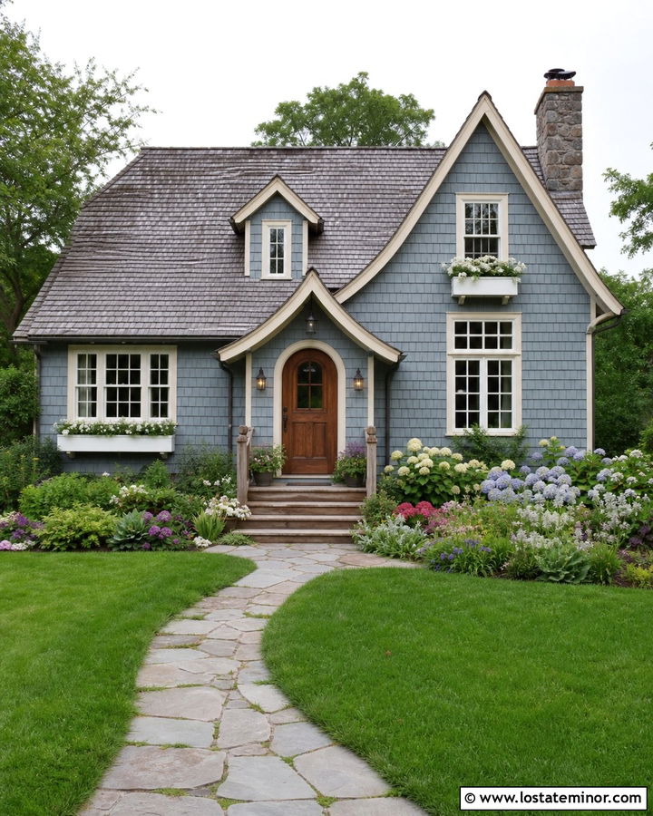 Slate Blue Cottage With Brass Wall Lights - 30 Slate Blue House Design With Light Fixtures Ideas