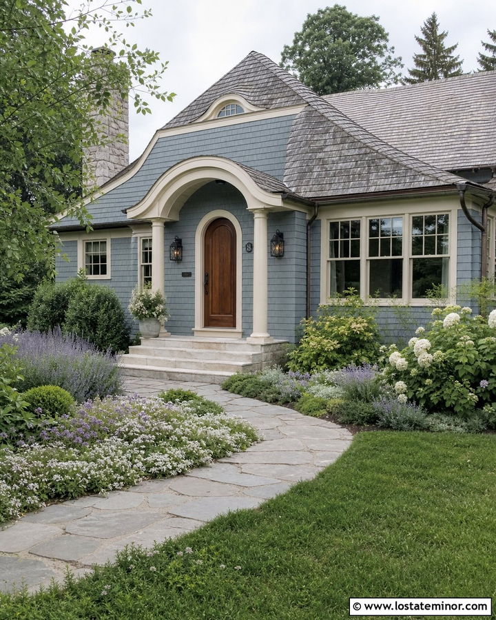 Slate Blue Cottage With Curved Entry Portico - 30 Slate Blue House Design With Portico Ideas