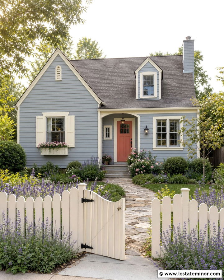 Slate Blue Cottage With Curved Picket Fence - 30 Slate Blue House Design With Fence Ideas