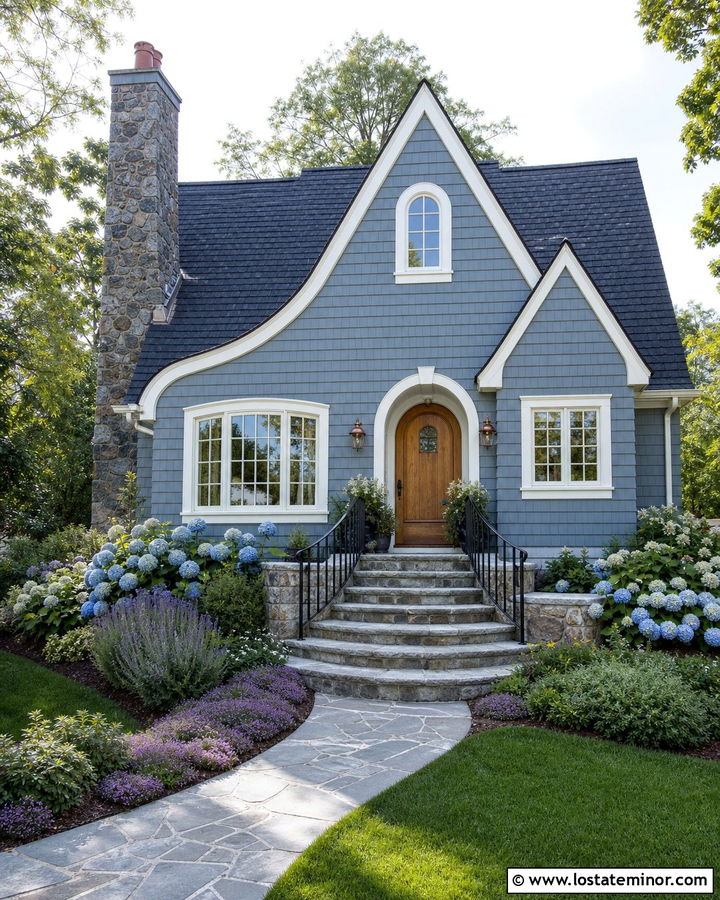 Slate Blue Cottage With Curved Stone Steps - 30 Slate Blue House Design With Steps Ideas