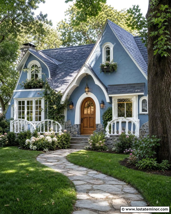 Slate Blue Cottage With Curved Wood Railings - 30 Slate Blue House Design With Railings Ideas