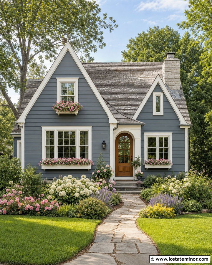 Slate Blue Cottage With Flowering Landscape - 30 Slate Blue House Design With Siding Ideas