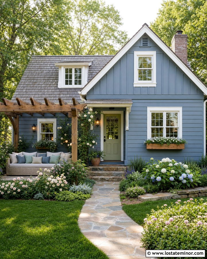 Slate Blue Cottage With Garden Pergola Daybed - 30 Slate Blue House Design With Daybed Ideas