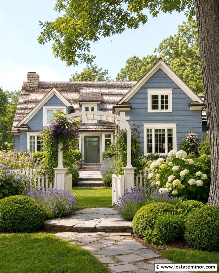 Slate Blue Cottage With Garden Pergola - 30 Slate Blue House Design With Pergola Ideas