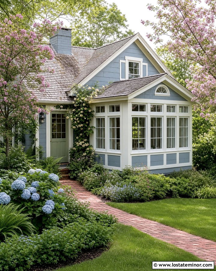 Slate Blue Cottage With Garden Sunroom - 30 Slate Blue House Design With Sunroom Ideas