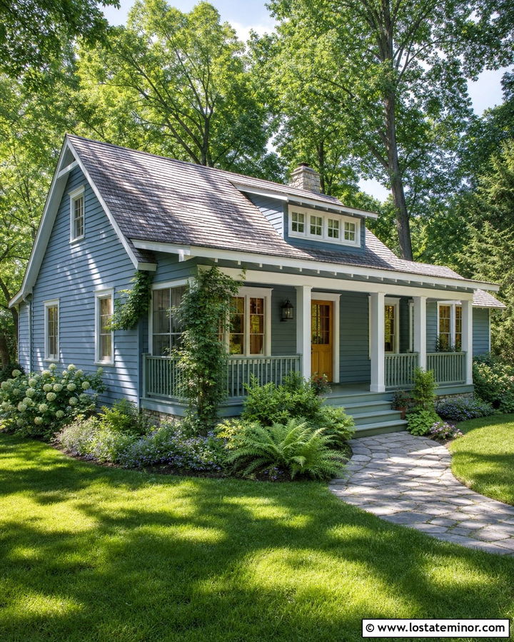 Slate Blue Cottage With Green Porch Railings - 30 Slate Blue House Design With Railings Ideas