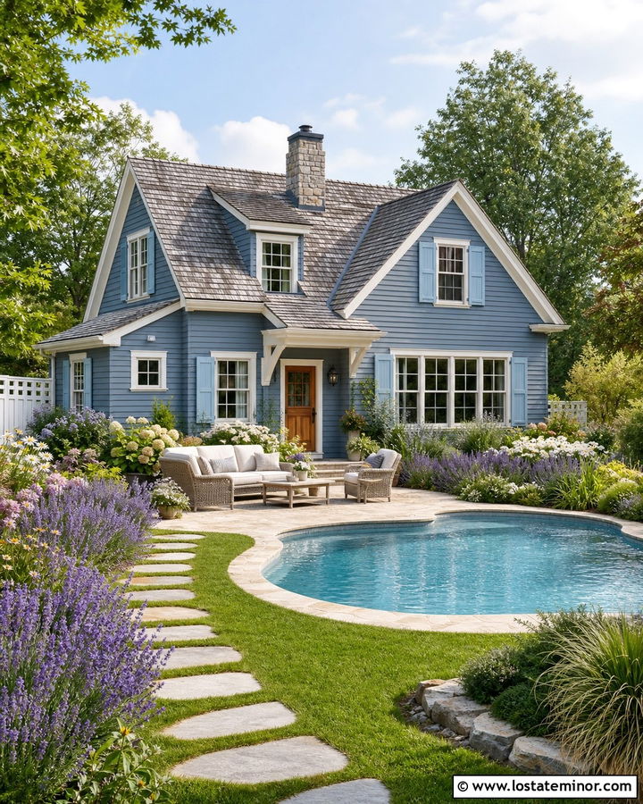 Slate Blue Cottage With Kidney Shaped Pool - 30 Slate Blue House Design With Swimming Pool Ideas