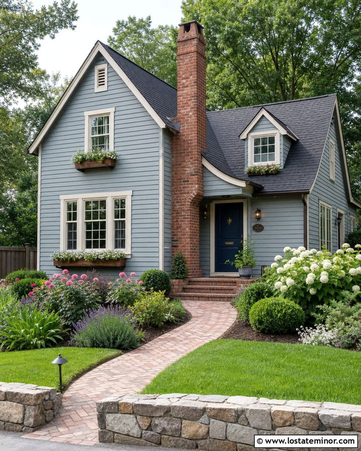 Slate Blue Cottage With Natural Brick Chimney - 30 Slate Blue House Design With Chimney Ideas