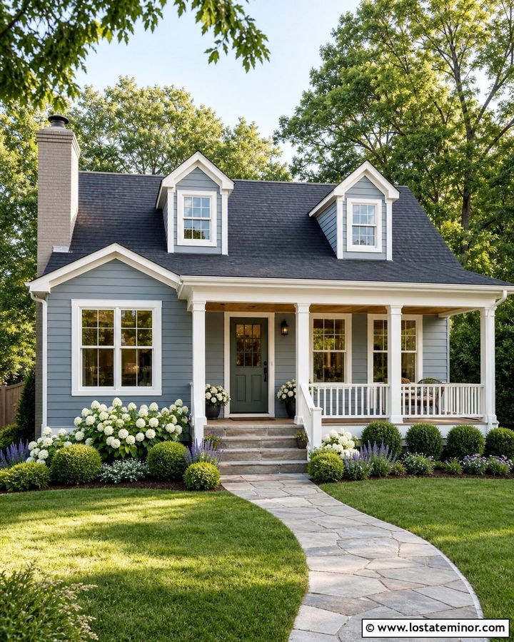 Slate Blue Cottage With Painted Brick Chimney - 30 Slate Blue House Design With Chimney Ideas