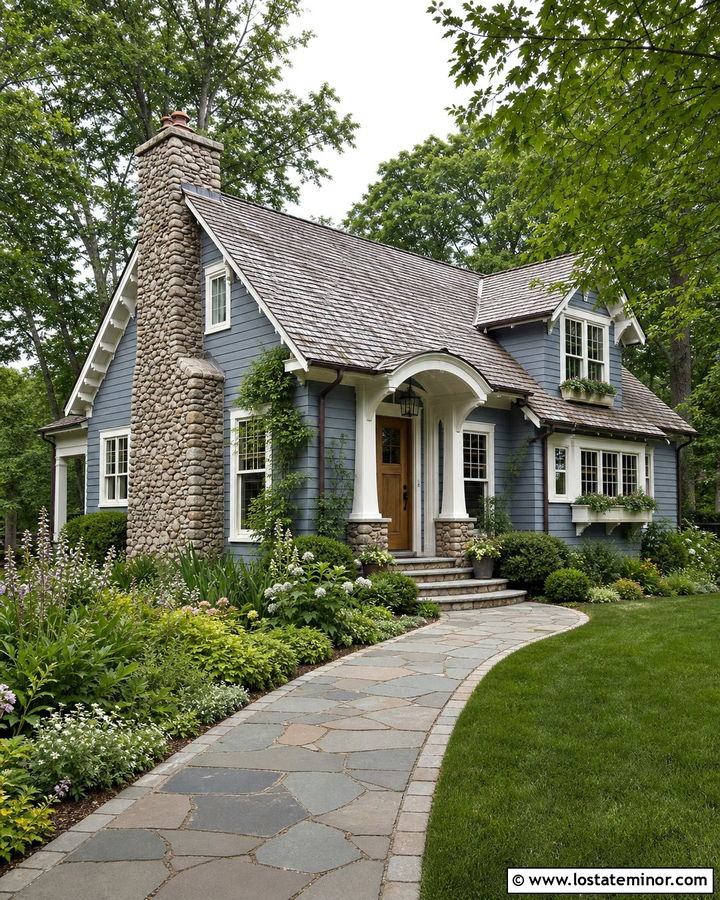 Slate Blue Cottage With River Rock Chimney - 30 Slate Blue House Design With Stone Accents Ideas