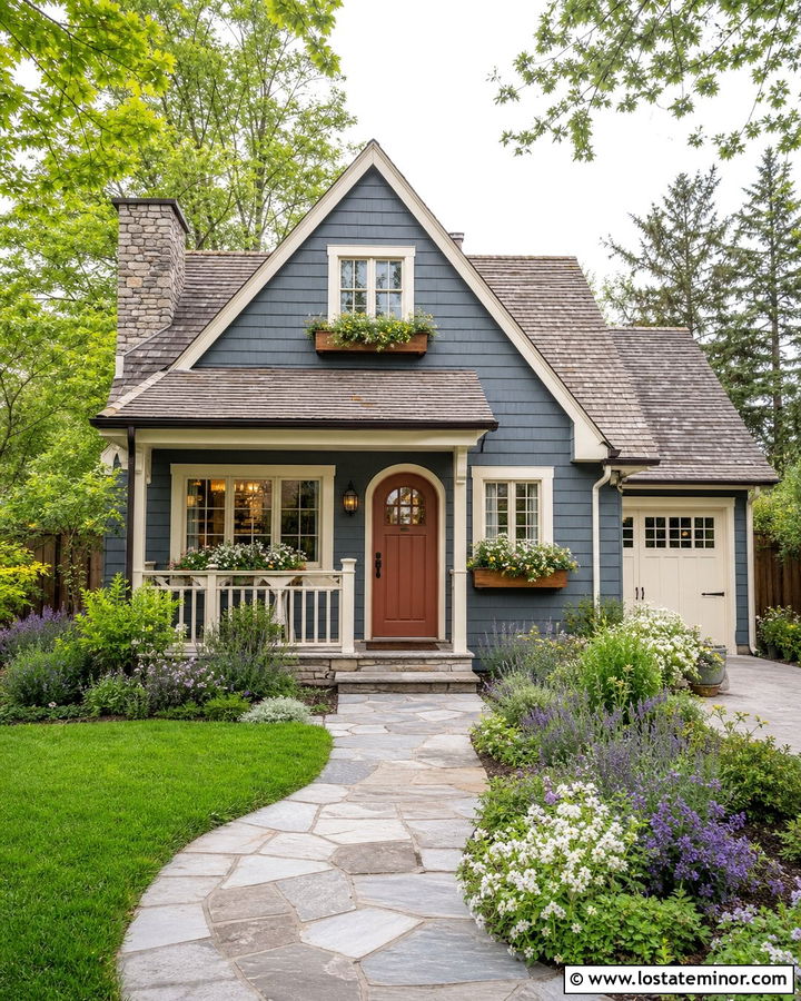 Slate Blue Cottage With Terracotta Door - 30 Slate Blue House Design With Accents Ideas