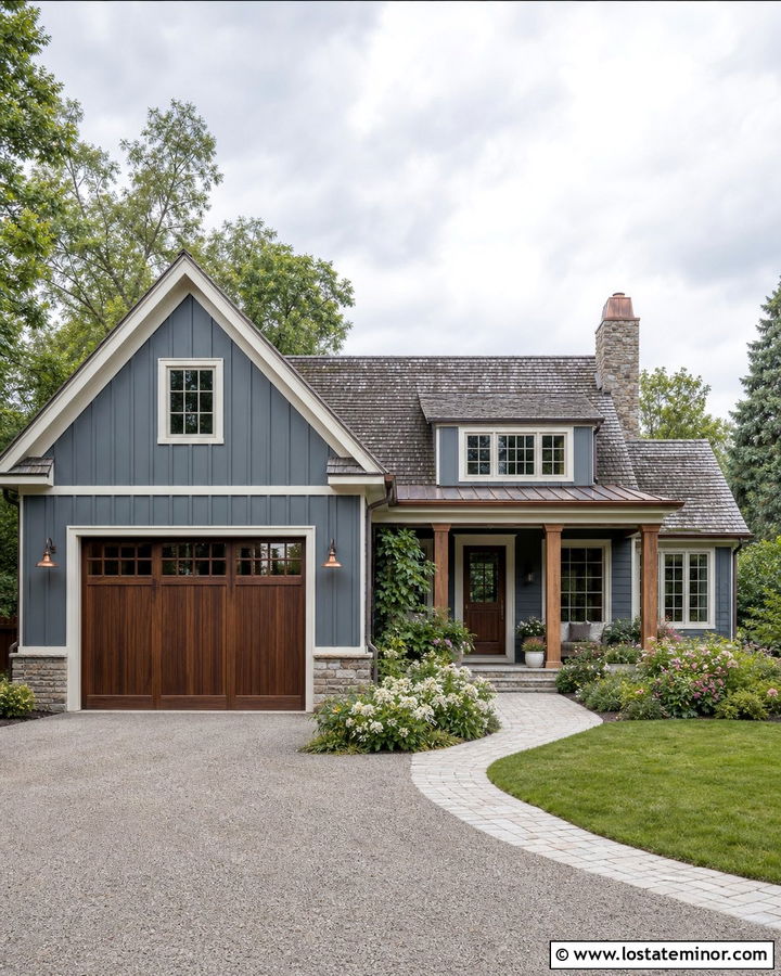 Slate Blue Cottage With Walnut Garage Door - 30 Slate Blue House Design With Garage Door Ideas