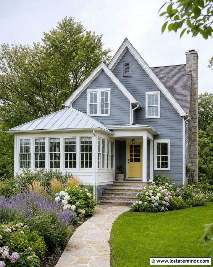 Slate Blue Cottage With White Sunroom - 30 Slate Blue House Design With Sunroom Ideas