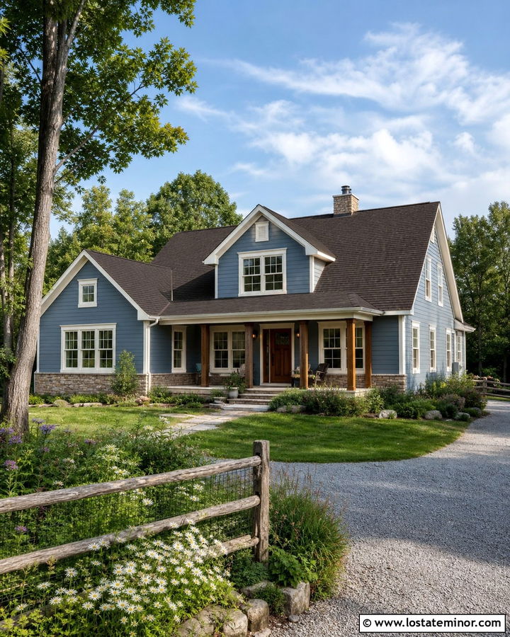 Slate Blue Country House With Split Rail Fence - 30 Slate Blue House Design With Fence Ideas