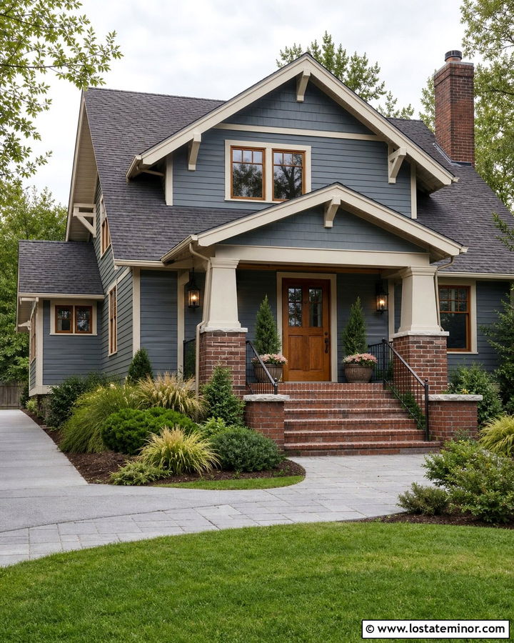 Slate Blue Craftsman House With Brick Steps - 30 Slate Blue House Design With Steps Ideas