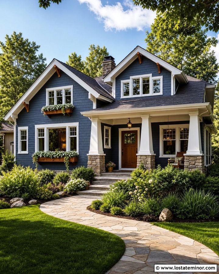 Slate Blue Craftsman House With Cedar Window Boxes - 30 Slate Blue House Design With Window Boxes Ideas