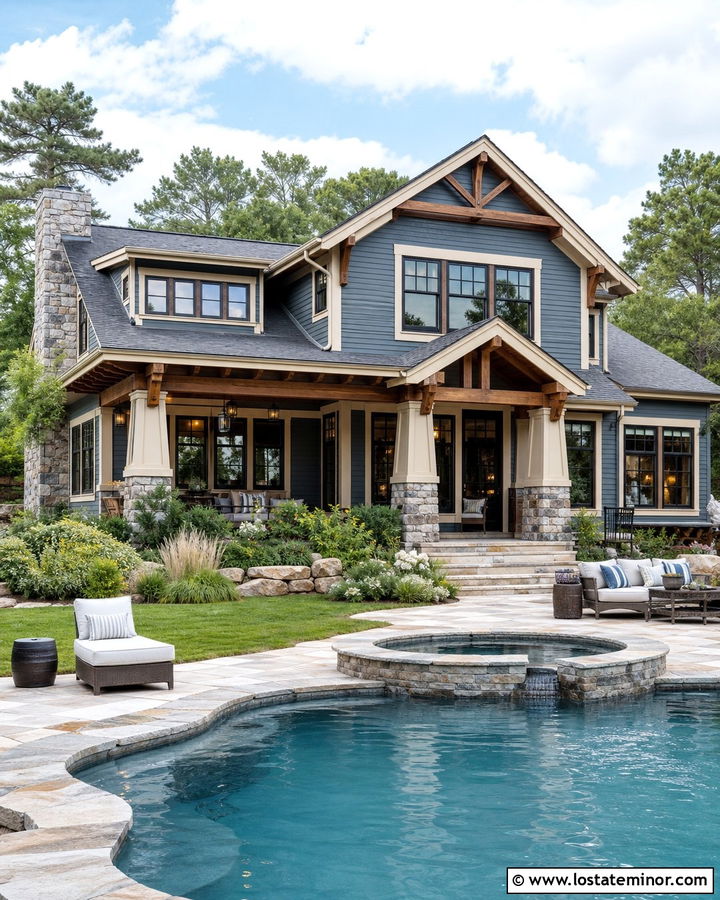 Slate Blue Craftsman House With Stone Pool Deck - 30 Slate Blue House Design With Swimming Pool Ideas