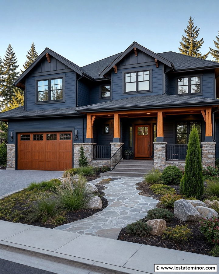 Slate Blue Craftsman With Black Metal Railings - 30 Slate Blue House Design With Railings Ideas