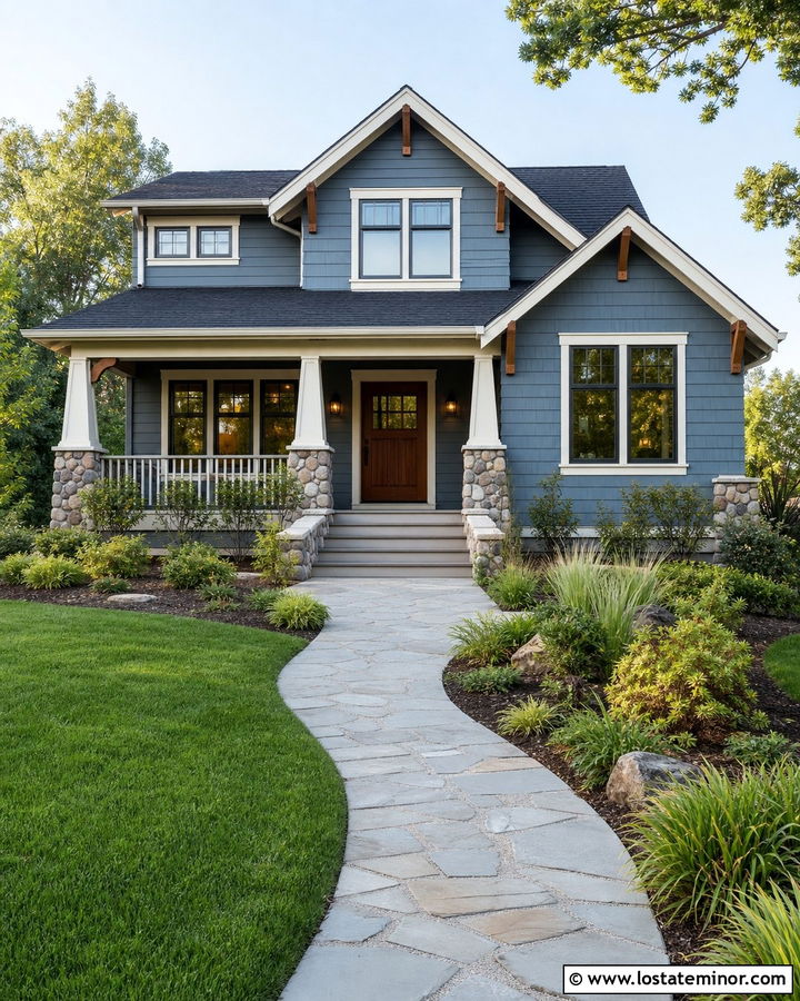 Slate Blue Craftsman With Bronze Sconces - 30 Slate Blue House Design With Light Fixtures Ideas