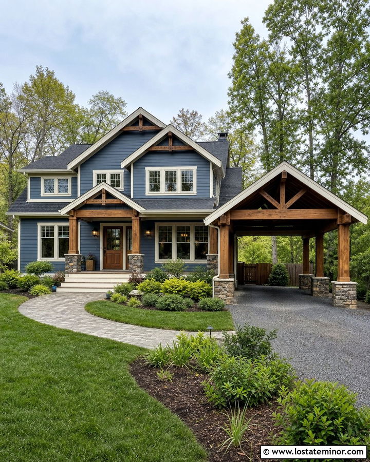 Slate Blue Craftsman With Cedar Carport - 30 Slate Blue House Design With Carport Ideas