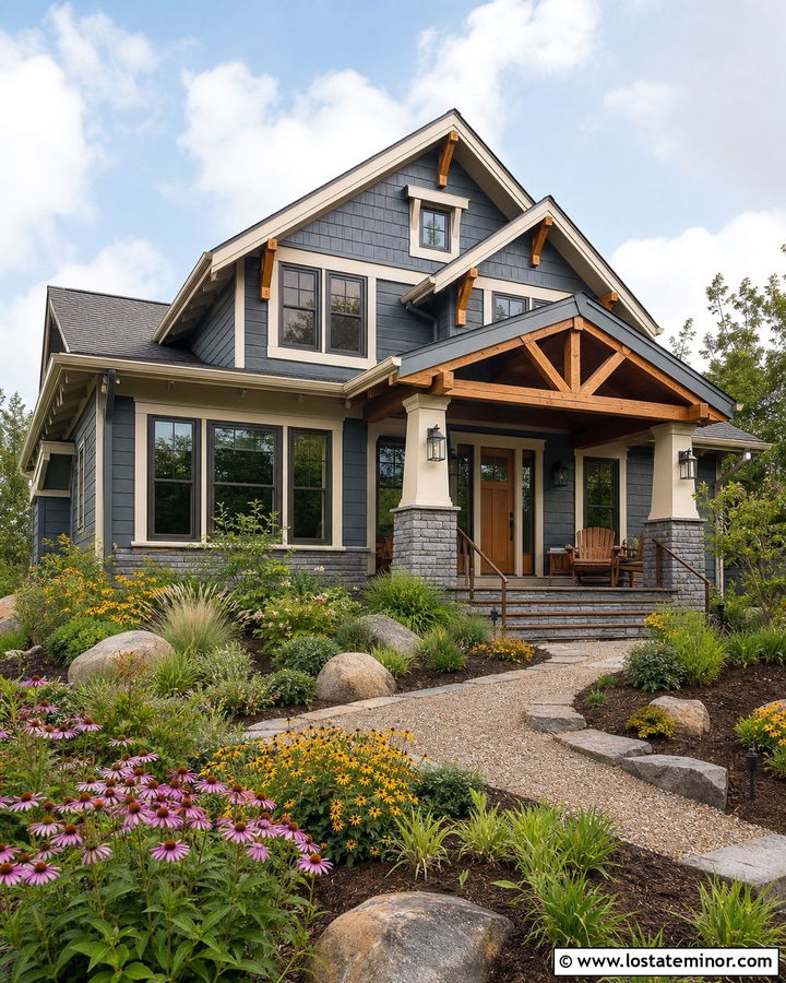 Slate Blue Craftsman With Cedar Door And Native Garden - 30 Slate Blue House Design With Front Yard Ideas