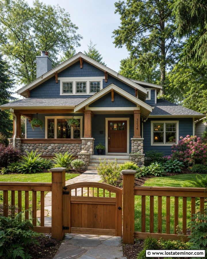 Slate Blue Craftsman With Cedar Fence - 30 Slate Blue House Design With Fence Ideas