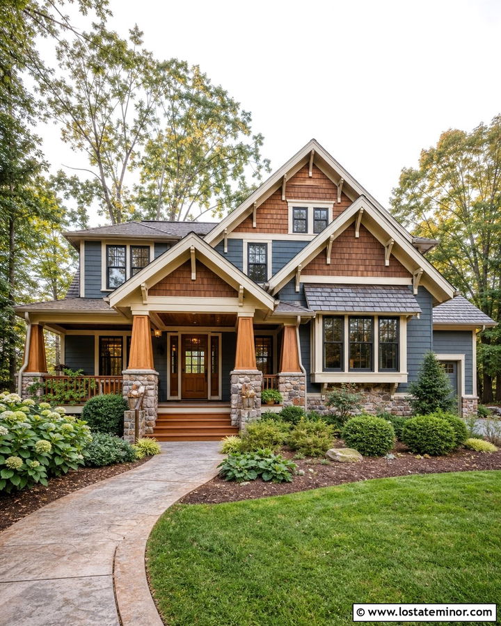 Slate Blue Craftsman With Cedar Gables - 30 Slate Blue House Design With Gables Ideas
