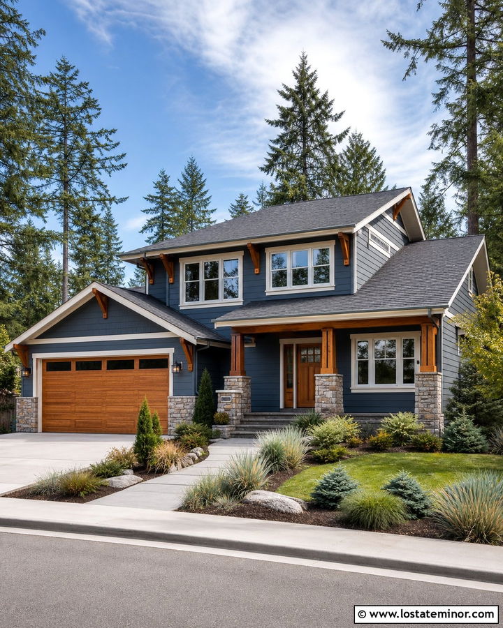 Slate Blue Craftsman With Cedar Garage Door - 30 Slate Blue House Design With Garage Door Ideas