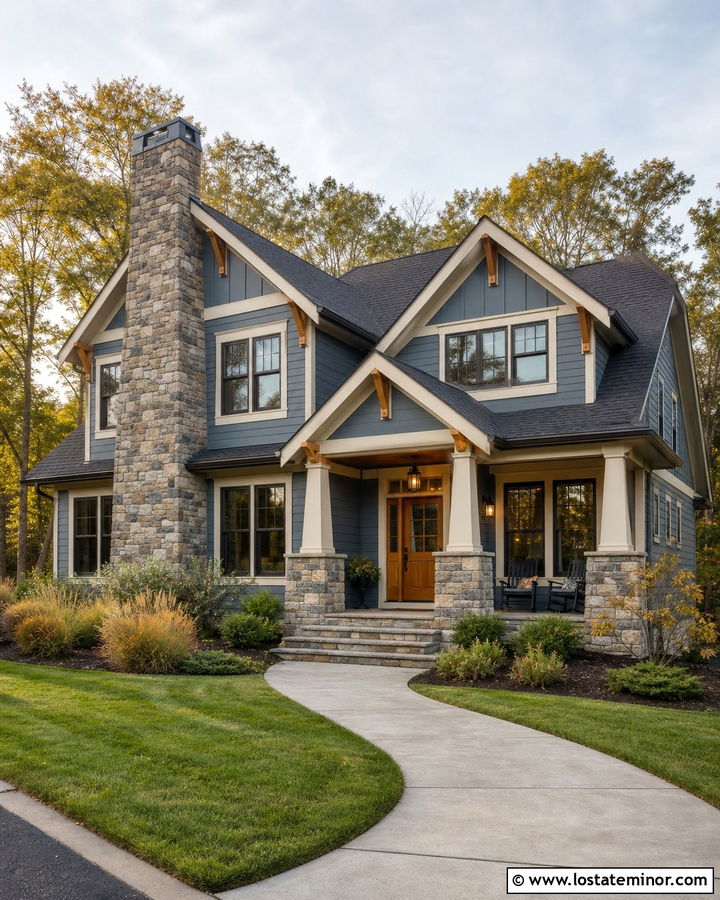 Slate Blue Craftsman With Fieldstone Chimney - 30 Slate Blue House Design With Chimney Ideas