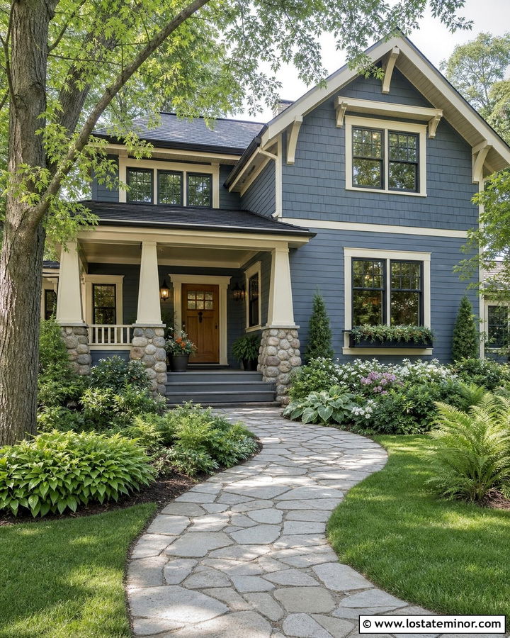 Slate Blue Craftsman With Flagstone Walkway - 30 Slate Blue House Design With Walkway Ideas