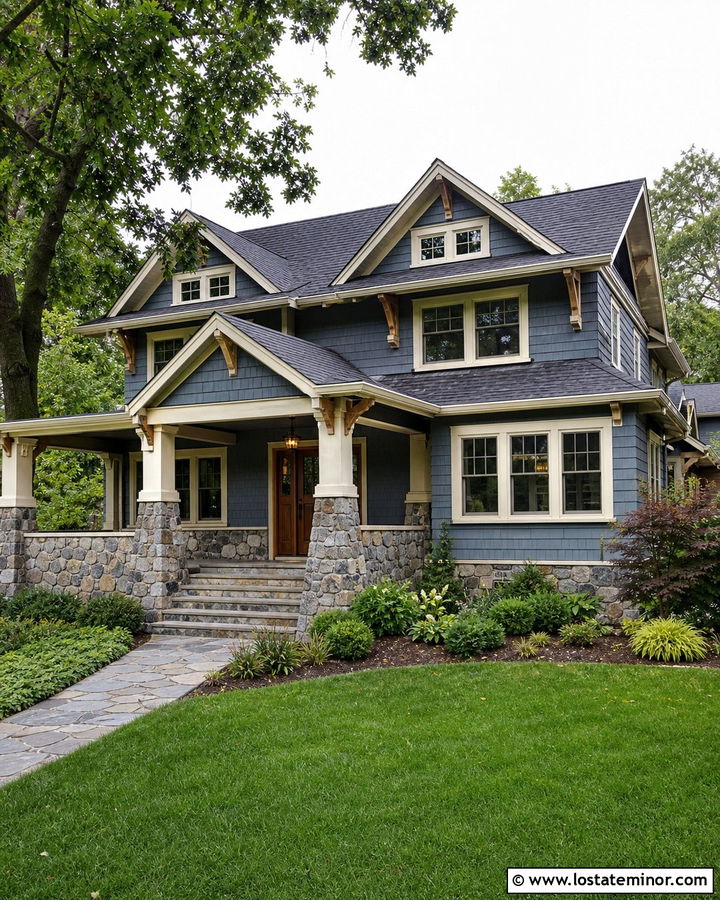 Slate Blue Craftsman With Gray Fieldstone - 30 Slate Blue House Design With Stone Accents Ideas