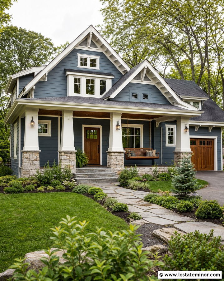 Slate Blue Craftsman With Hanging Swing - 30 Slate Blue House Design With Swing Ideas
