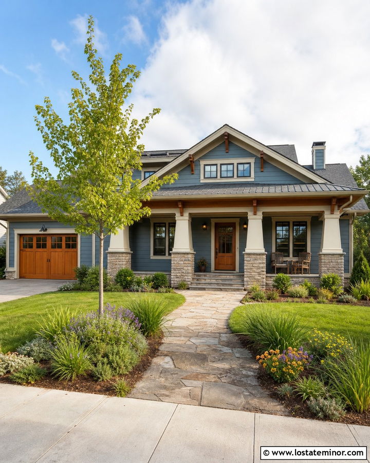 Slate Blue Craftsman With Native Landscaping - 30 Slate Blue House Design With Landscaping Ideas