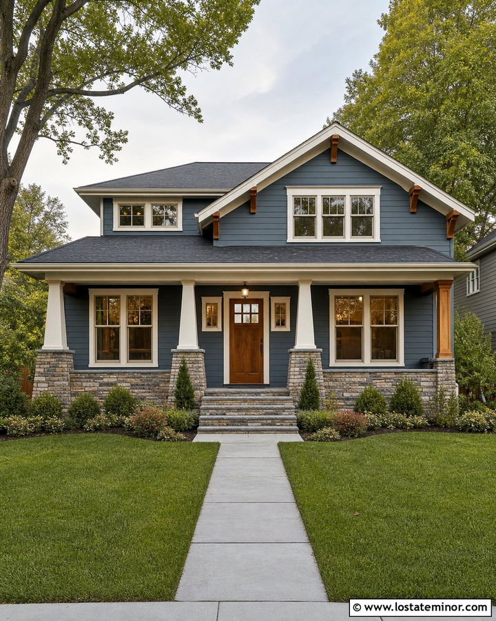 Slate Blue Craftsman With Stacked Stone Wainscoting - 30 Slate Blue House Design With Wainscoting Ideas
