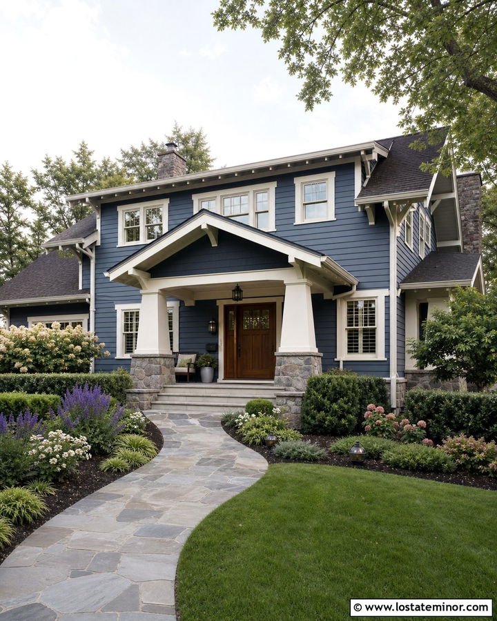Slate Blue Craftsman With Stone Column Portico - 30 Slate Blue House Design With Portico Ideas