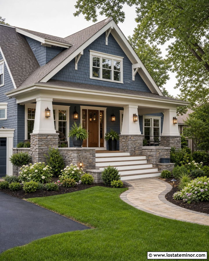 Slate Blue Craftsman With Stone Columns - 30 Slate Blue House Design With Accents Ideas