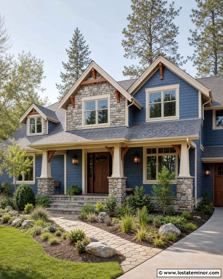 Slate Blue Craftsman With Stone Dormers - 30 Slate Blue House Design With Dormers Ideas