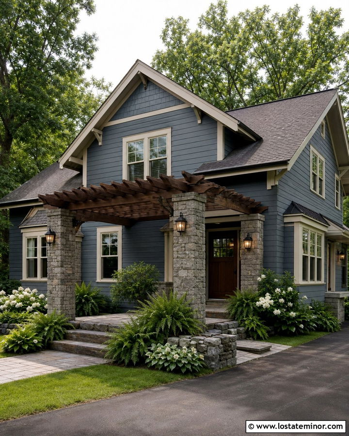 Slate Blue Craftsman With Stone Pergola Columns - 30 Slate Blue House Design With Pergola Ideas