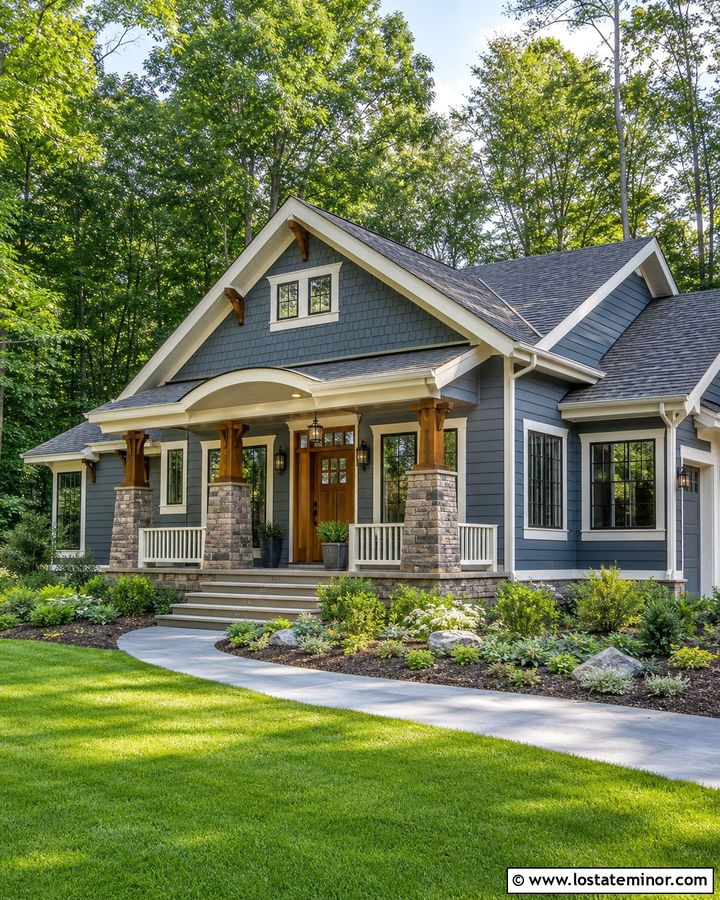 Slate Blue Craftsman With Stone Porch - 30 Slate Blue House Design With Siding Ideas