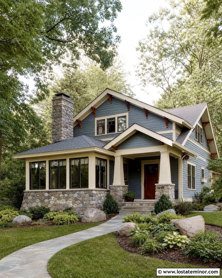 Slate Blue Craftsman With Stone Sunroom Base - 30 Slate Blue House Design With Sunroom Ideas