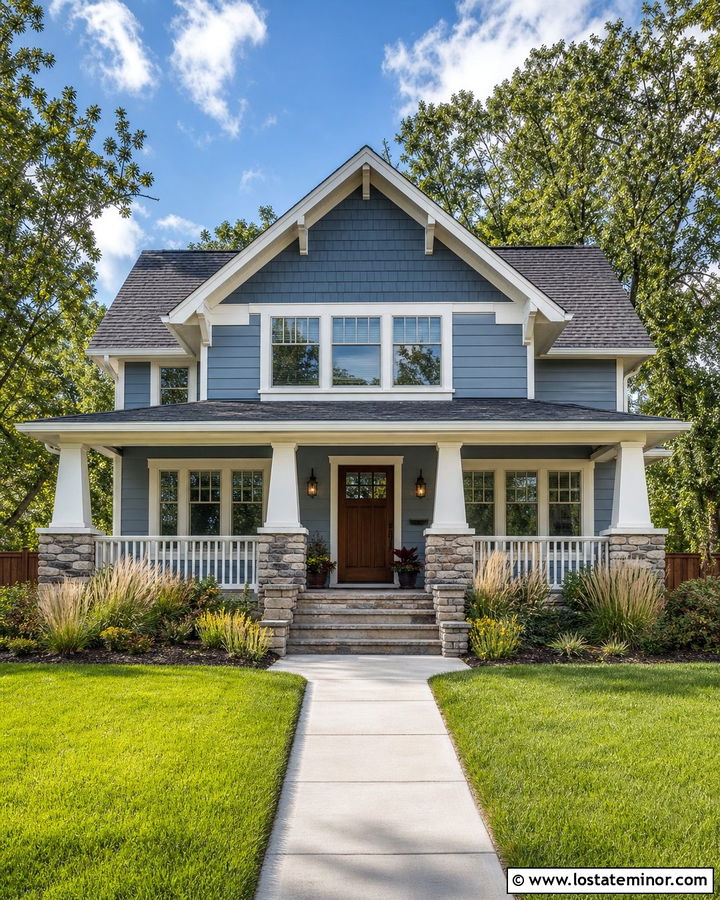 Slate Blue Craftsman With Tapered Stone Columns - 30 Slate Blue House Design With Porch Columns Ideas