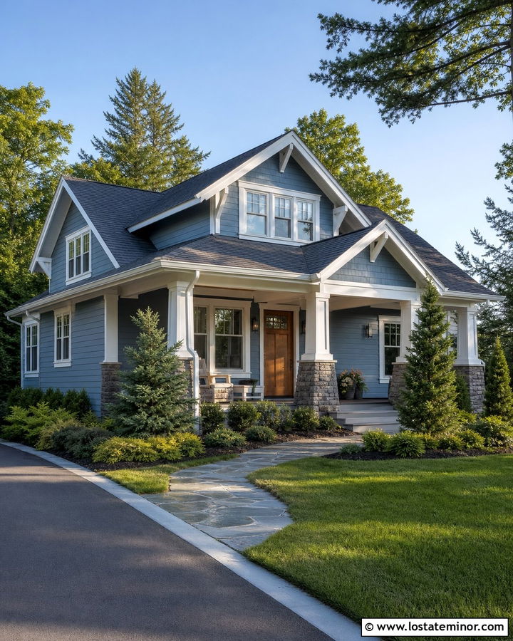 Slate Blue Craftsman With White Square Columns - 30 Slate Blue House Design With Porch Columns Ideas