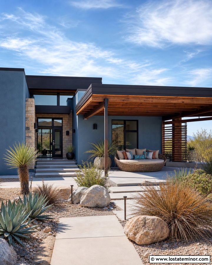 Slate Blue Desert House With Shaded Daybed - 30 Slate Blue House Design With Daybed Ideas