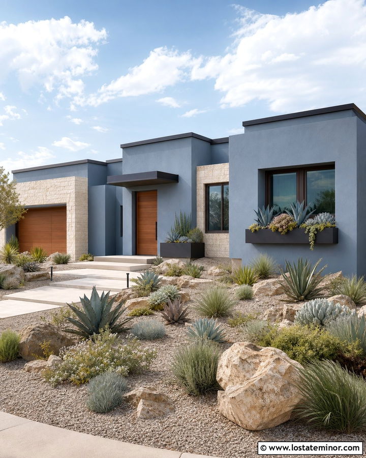Slate Blue Desert House With Succulent Window Boxes - 30 Slate Blue House Design With Window Boxes Ideas