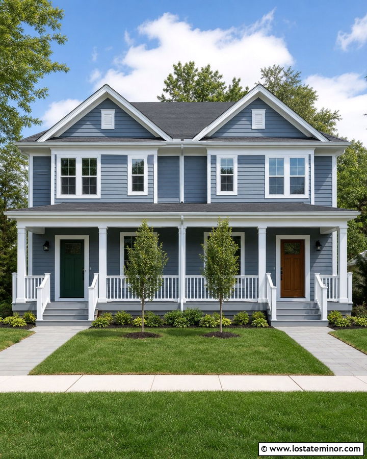Slate Blue Duplex With Matching Porch Railings - 30 Slate Blue House Design With Railings Ideas